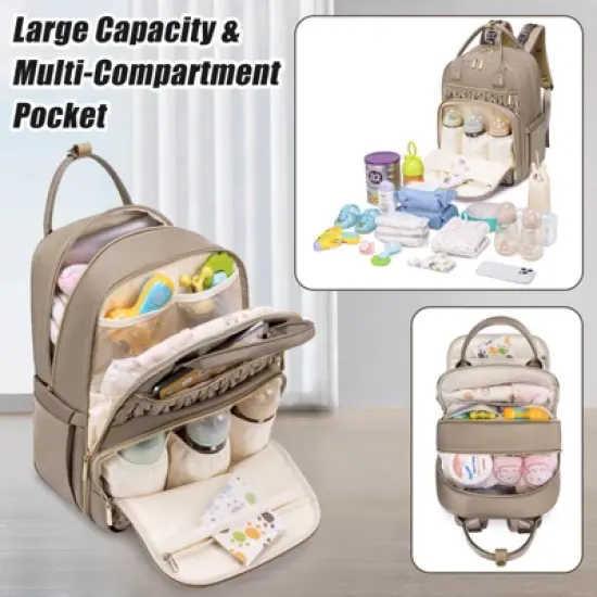 Itopfox Stylish Baby Diaper Backpack with Changing Pad, Waterproof Travel Bag, Stroller Straps, Insulated Pockets, Khaki image {5}