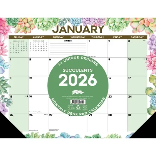 Willow Creek Press 22"x17" 2026 Succulents Large Monthly Deskpad image {2}