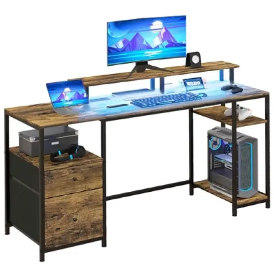 PAGED Computer Desk Modern Gaming Desk with Shelves, Storage Drawers and LED Light for Games and Work image {3}