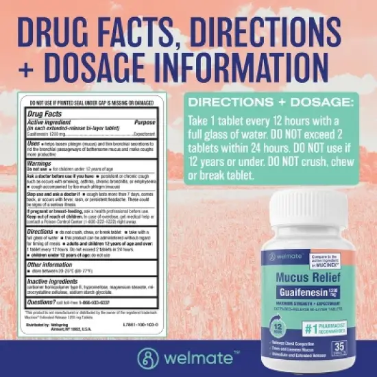 Welmate Mucus Relief | Guaifenesin 1200mg 12 Hour | 35 Count Extended-Release Tablets image {4}
