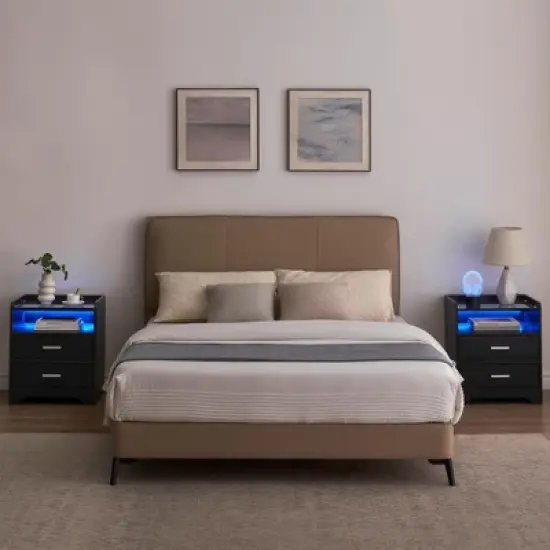 Nightstand with LED Lights and 2 Storage Drawers image {2}