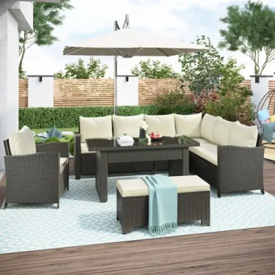 6 PCS Patio Outdoor Rattan Sectional Sofa Set, Conversation Seating Group with Cushions-ModernLuxe image {1}