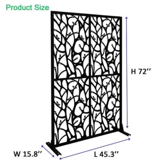 Angel Sar 6ft Metal Privacy Screen with Bird Design, Free-Standing Indoor/Outdoor Room Divider for Patio, Balcony, Garden, Black image {2}