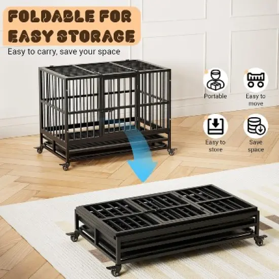 Heavy Duty Indestructible Dog Crate Steel Escape Proof, Indoor Dog House High Anxiety Cage, Kennel with Wheels, Removable Tray image {7}