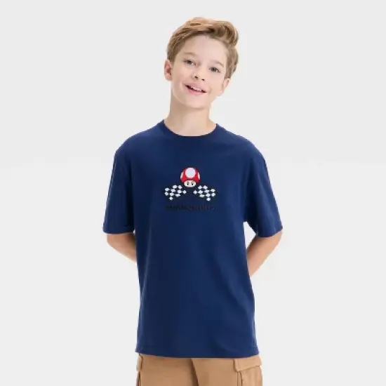 Boys' Super Mario Kart Embroidered Front and Back Graphic Oversized Short Sleeve T-Shirt - Navy Blue image {4}