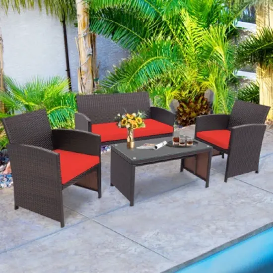 Tangkula 4PCS Outdoor Patio Furniture Sets Weather-Resistant Rattan Sofas w/ Soft Cushion Red image {2}