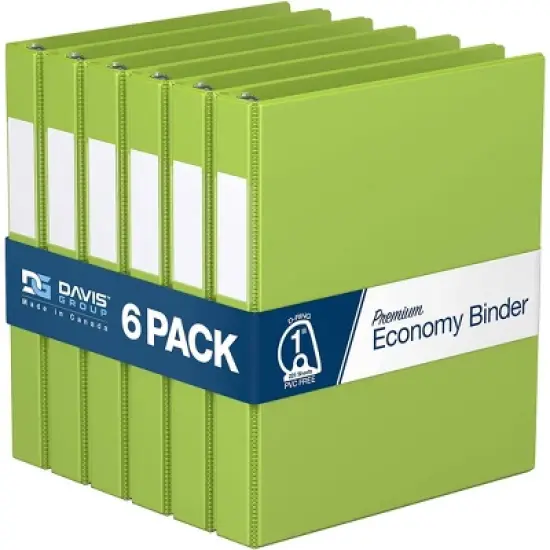 Davis Group 6pk 1" Premium Economy Angled D-Ring Binder Lime Green: Hard Cover, 225 Sheet Capacity, 2 Pockets, Polypropylene image {8}