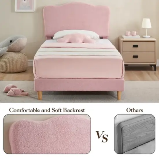 Pink Twin Bed Frame for Kids, Upholstered Platform Bed with Cute Boucle Velvet Headboard for Girls image {4}