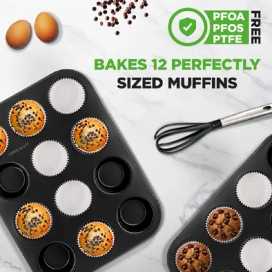 NutriChef Non-Stick 2-Piece 12 Cup Muffin Pans with 100 Parchment Liners - Carbon Steel image {3}