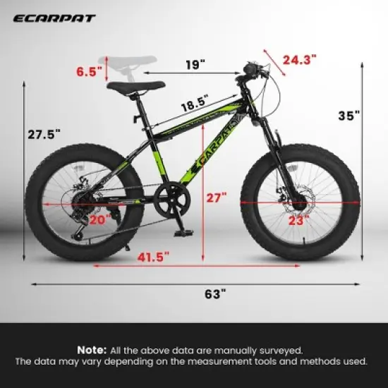 YONWAY Kids Fat Tires Mountain Bike, 7 Speed Dual Disc Brake, High Carbon Steel Frame, for Snow and Off-Road Riding image {8}