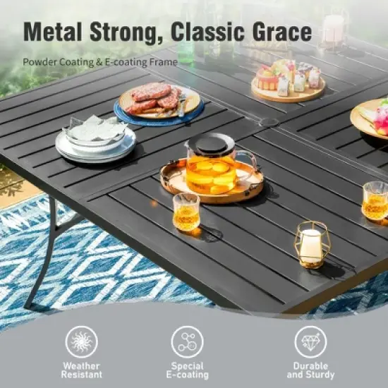 Captiva Designs 9pc Spacious Slat-top Square Metal Table with Umbrella Hole & Brown Textilene Fixed Chairs image {3}