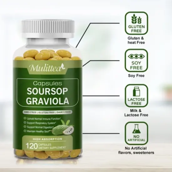 Mulittea Soursop Graviola Capsules 1000mg Leaf & Fruit Extract | High Potency | 120 CT image {5}