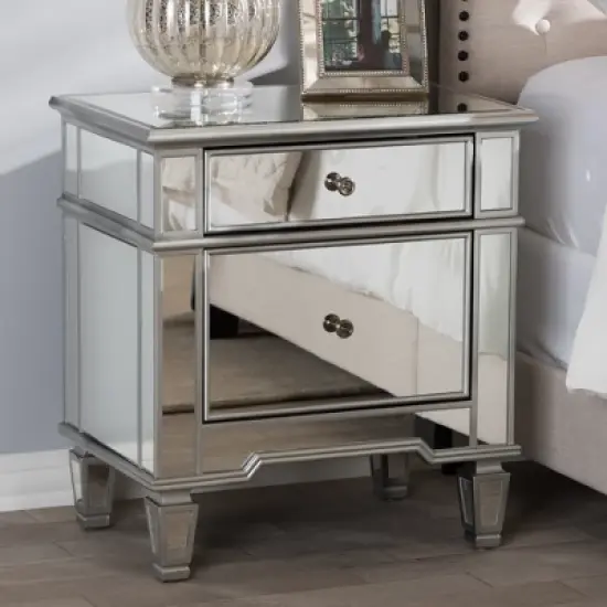 Sussie Hollywood Regency Glamour Style Mirrored 2 - Drawer Nightstand - Baxton Studio image {6}