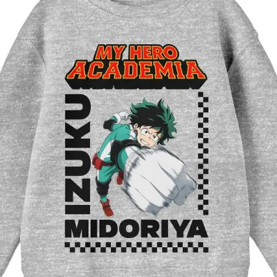 My Hero Academia Izuku Midoriya With Title Logo Youth Heather Gray Crew Neck Sweatshirt image {1}