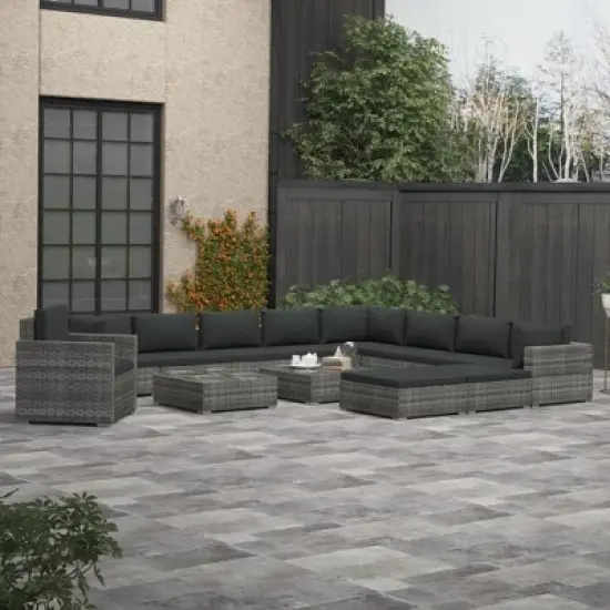 vidaXL 13 Piece Outdoor Lounge Set, Poly Rattan Patio Furniture with Cushion, Weather-Resistant and Sturdy, Modular Design, Gray image {1}