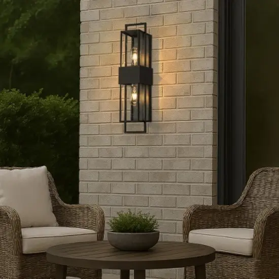 ALOADECOR Modern Outdoor Wall Light with Dusk to Dawn Sensor H26'' Black  with Seeded Glass 2-Light Waterproof Sconce for Porch Garage image {3}