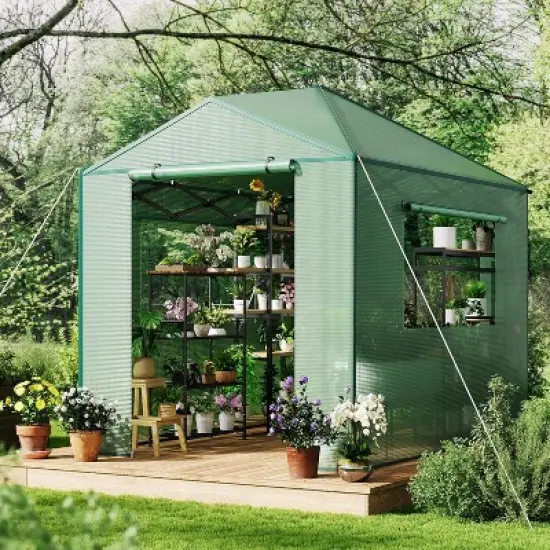 Portable Pop-Up Greenhouse For Outdoor Use, Featuring Zippered Doors And Mesh Window Walls, Heavy-Duty Pe Cover, Green. image {5}