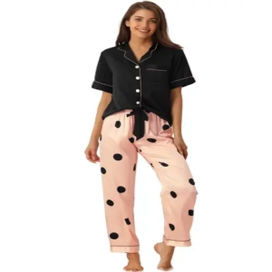 cheibear Womens Satin Summer Button Down Short Sleeve Tops with Pants Silky Lounge Pajama Sets image {5}