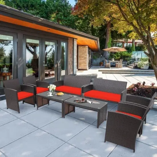 Costway 8PCS Patio Rattan Furniture Set Cushioned Chair Sofa Coffee Table White\Navy\Turquoise\Red image {9}