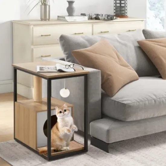 Costway Cat Furniture End Table w/ Scratching Post Removable Scratching Mat Living Room image {4}