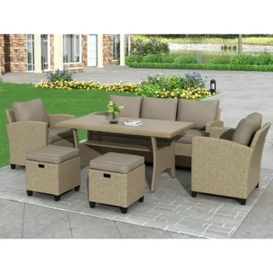 6pc Outdoor Wicker Conversation Set with Arm Chairs, Sofa, Ottomans & Coffee Table - Brown - GODEER image {2}