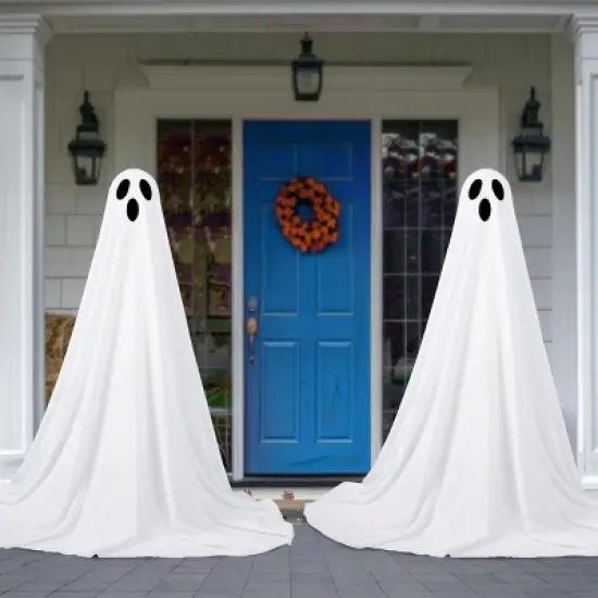 Joyfy 2 Pack 47'' Halloween Standing Ghost Outdoor Decoration,  White Ghost with Warm String Light Haunted House Prop for Garden Yard Porch Lawn Decor image {9}