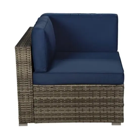 3pc Outdoor Rattan Wicker Conversation Set with Accent Table & Sectional - Brown/Blue - GODEER image {9}