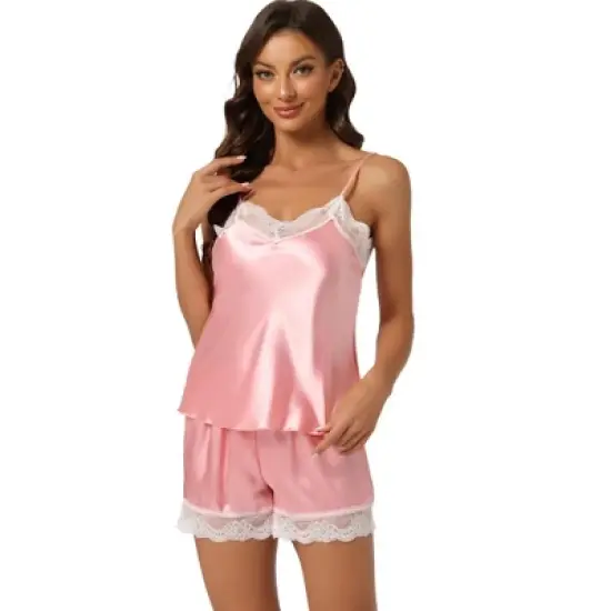 Allegra K Women's Satin Lace Trim Cami Tops with Shorts Lounge Pajama Set image {16}