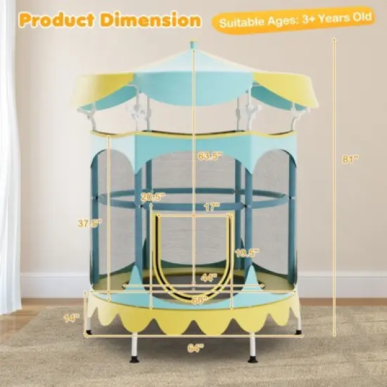 Infans 64" Kids Trampoline w/ Detachable Canopy Safety Enclosure Net Foam Handle Yellow image {1}