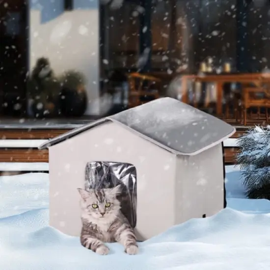 VEVOR Heated Cat House, Outdoor Kitty Shelter with Adjustable Temperature and Timer, 600D Oxford Cloth Foldable Cat Shelter, Gray (Middle) image {1}