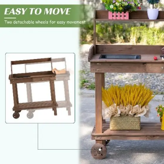PAGED Wooden Outdoor Potting Bench Table with Removable Sink, Garden Potting Table for Outdoors with Chalkboard, Drawer, Open Shelf Storage image {4}