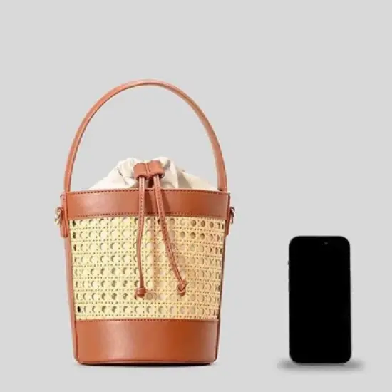 FATMOON Women Straw Rattan Bucket Bag, Hollowed Out Seaside Drawstring Handbag Purse, Leather Summer Beach Boho Shoulder Bag image {4}