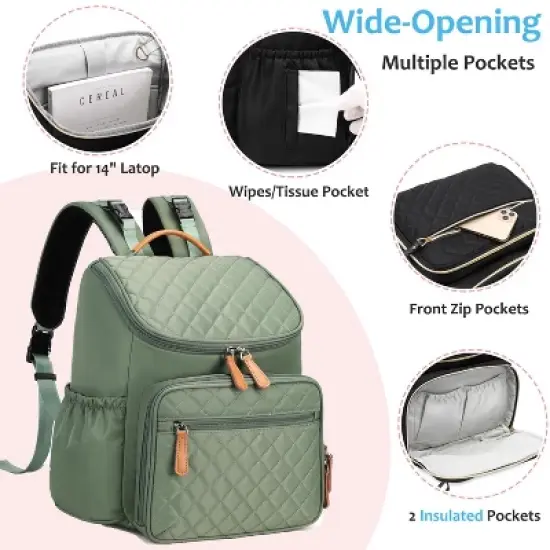 Itopfox Large Capacity Water-Resistant Diaper Backpack with Insulated Pockets, Stroller Buckle, Anti-Theft Design, Green Nylon image {5}