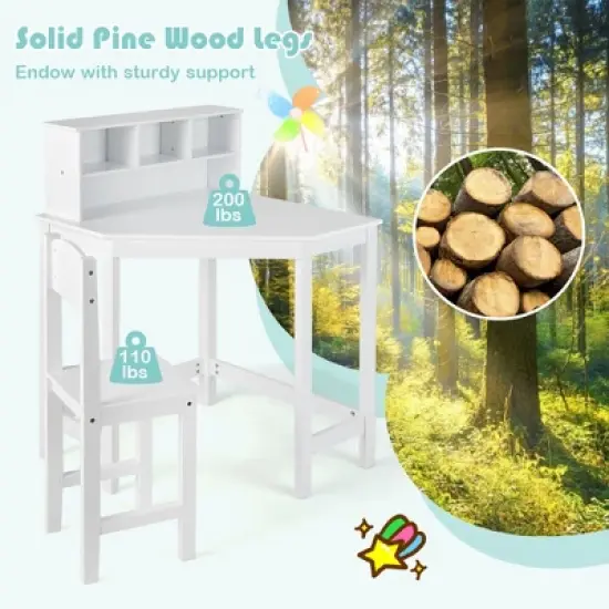 Costway Kids Corner Desk & Chair Set Wooden Study Writing Workstation with Storage & Hutch image {4}