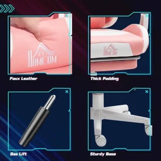 HOMCOM Cute Gaming Chair, Reclining Computer Chair with Footrest, Headrest, Lumbar Support, Height Adjustable Faux Leather Swivel Gamer Chair image {4}