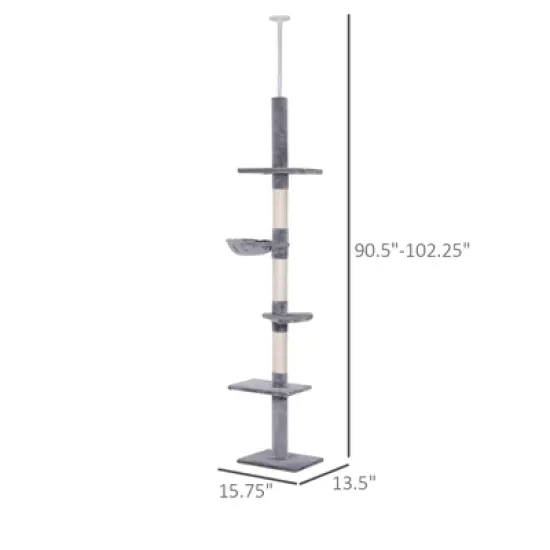 9' Adjustable Height Floor-To-Ceiling Vertical Cat Tree - Grey and White image {1}