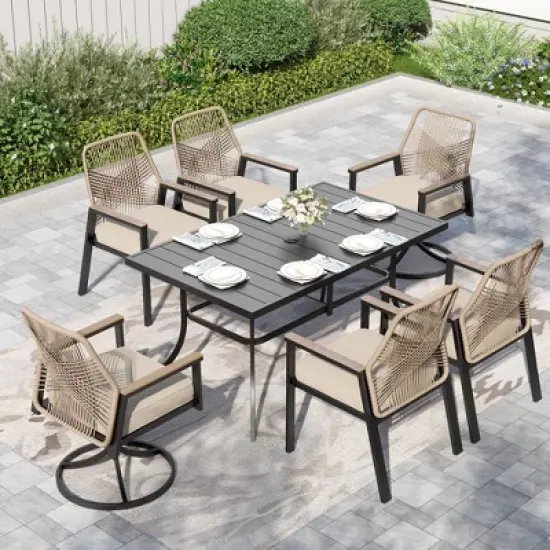 Captiva Designs 7pc Patio Dining Rectangle Steel Table and Mixed Wicker Chairs with Thick Cushions image {10}