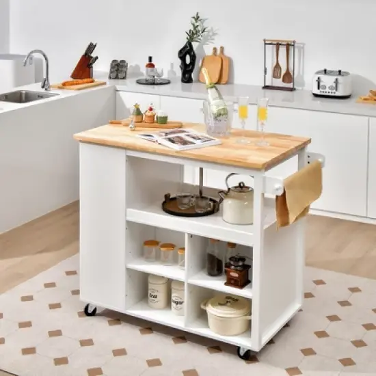 Costway Kitchen Island Trolley Cart on Wheels with Storage Open Shelves & Drawer White/Brown image {1}