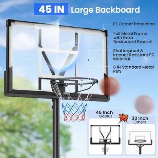 Costway Basketball Hoop Outdoor System with 45 Inch Shatterproof PC Backboard Wheels image {5}