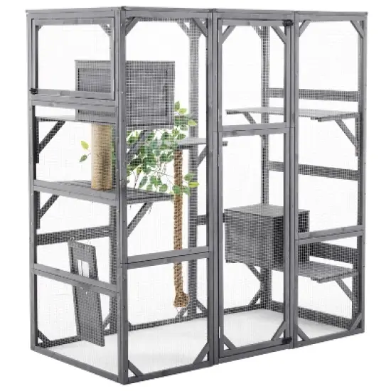 KTMBDW Outdoor Cat House, Cat Catio with Double Enter Doors, 62.8"L x 32.2"W x68.5"H Balcony Cat Playpen with Platforms and 2 Condos, Dark Gray image {7}
