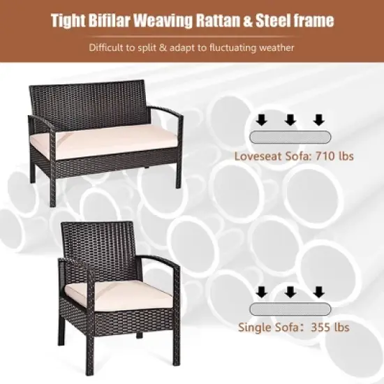 Costway Patio Rattan 4PCS Conversation Furniture Set Cushioned Seat Glass Table image {4}