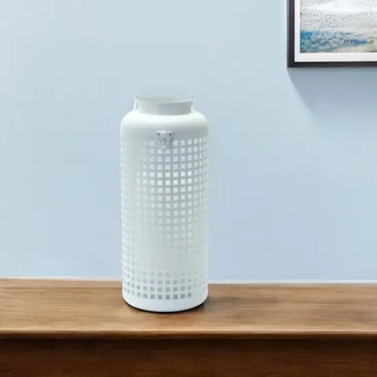 HomeRoots 14" White Distressed Lattice Iron Floor Lantern Candle Holder image {1}