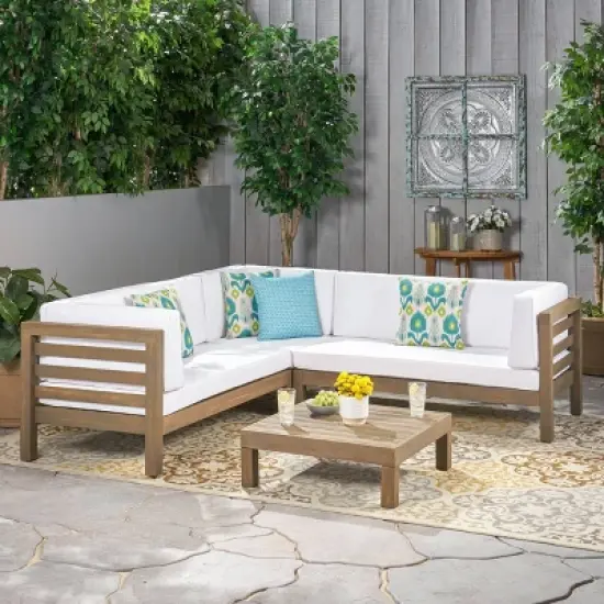 Oana 4pc Acacia Wood Patio Sectional Chat Set w/ Cushions - Christopher Knight Home image {8}