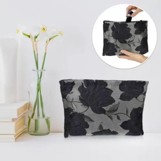 Unique Bargains Travel Canvas Floral Zipper-Closure Deep Blue 1 Pc image {5}