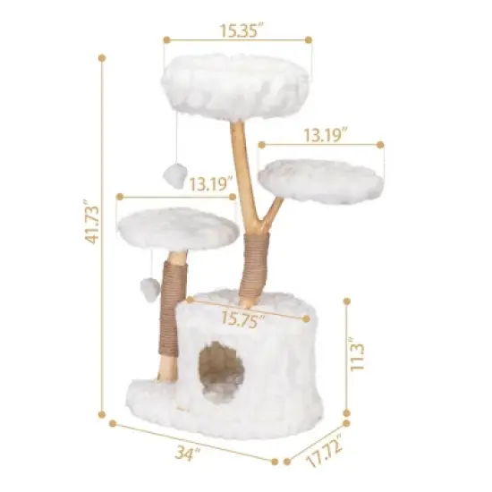 Kumasinova Modern Cat Tree with Natural Wood Branch,Cat Tower with Scratching Post,Multi-Level Cat Tree Tower with Plush Perches&Cat House,White image {1}