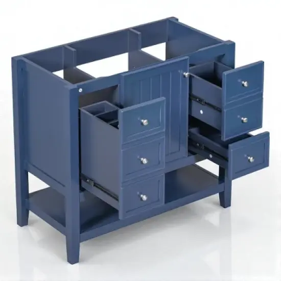 36" Freestanding Bathroom Vanity Base Only, Black Solid Wood & MDF Cabinet with 1 Door, 3 Drawers & Open Shelf, No Sink image {3}