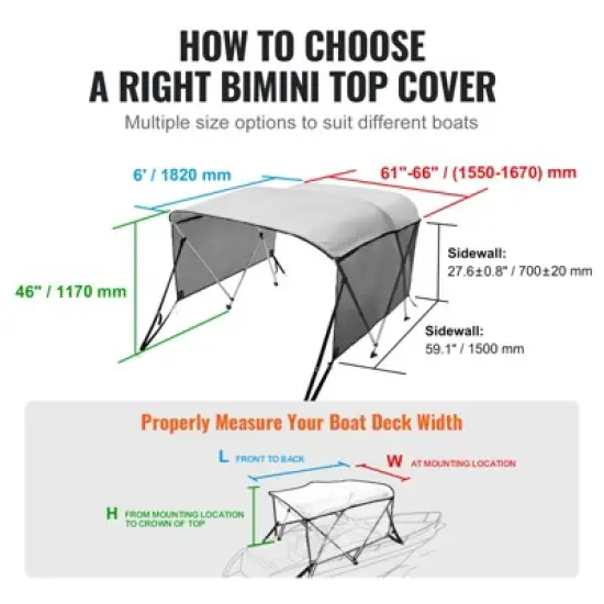 VEVOR 3 Bow Bimini Top Boat Cover, Detachable Mesh Sidewalls, 600D Polyester Canopy with 1" Aluminum Alloy Frame image {6}