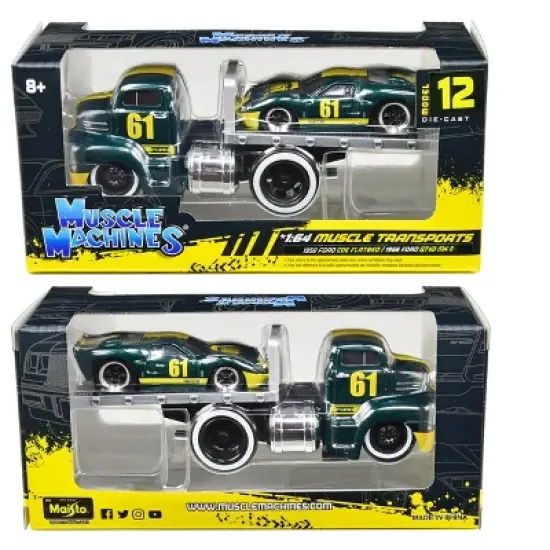 1950 Ford COE Flatbed Truck #61 & 1966 Ford GT40 MK II #61 Green Met. w/Yellow Stripes 1/64 Diecast Model Cars Muscle Machines image {2}