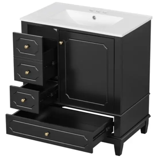 JUJABU 30" Freestanding Bathroom Vanity with Ceramic Basin, Soft-Close Door, 3 Drawers & Storage Shelves image {9}