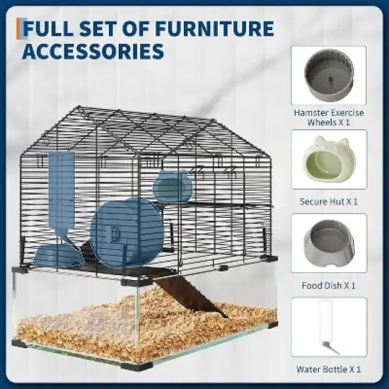 Metal Hamster Cage with Transparent Walls - Small Animal Habitat with 4 Accessories & Water Bottle for Hamsters, Mice, Rats,black image {3}